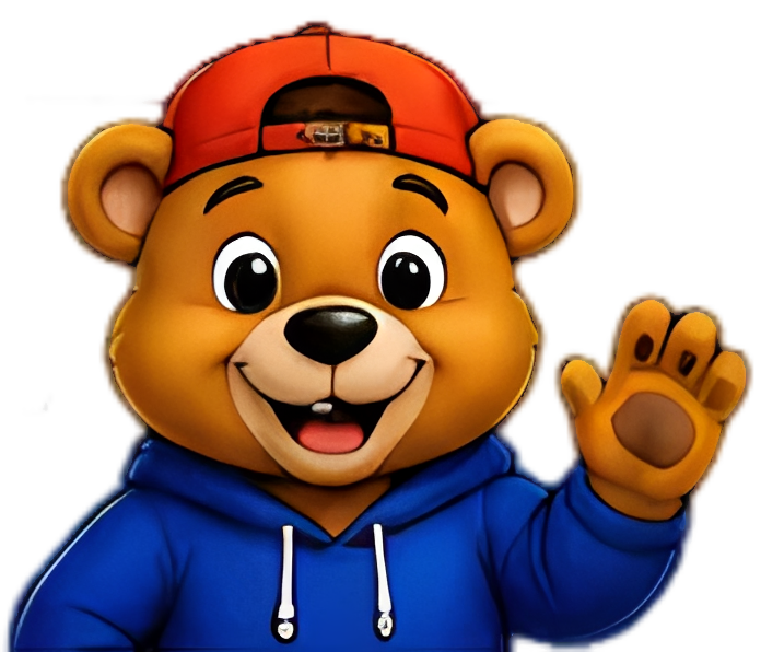 Cartoon bear waving in a hoodie.