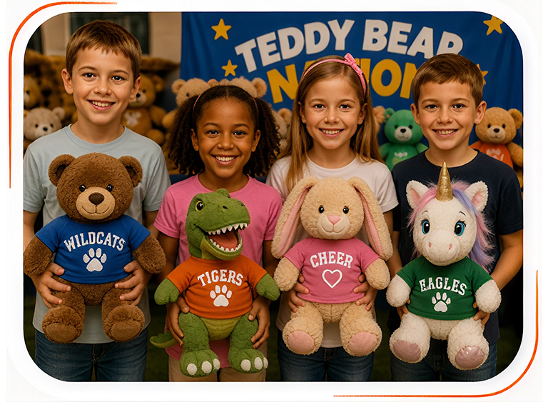 Children holding stuffed animals with team shirts.